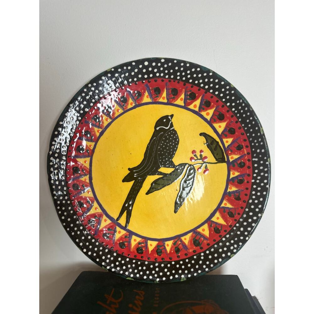 Betty Wassmer Hand Crafted One Of a Kind Large plate Bird Black Red Polkadots